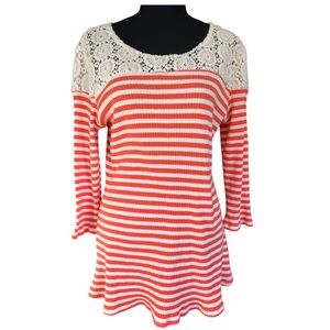 Hannah Coral and Cream Lace Trim Quarter Sleeve Tunic Size XL
